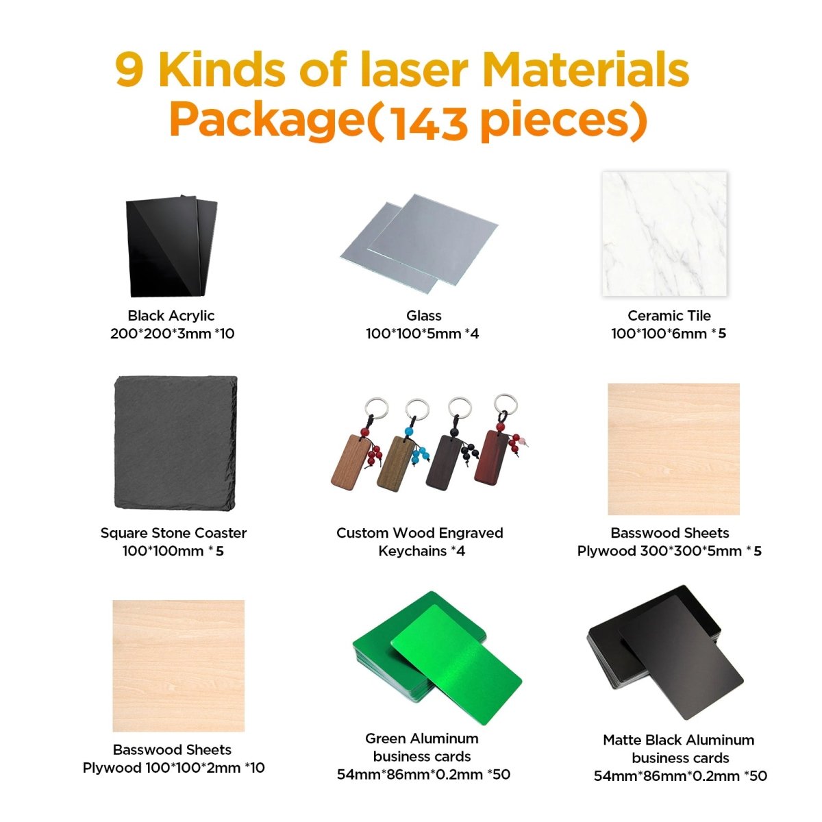 9 Kinds of Laser Materials Package(143 pieces) - ACMER