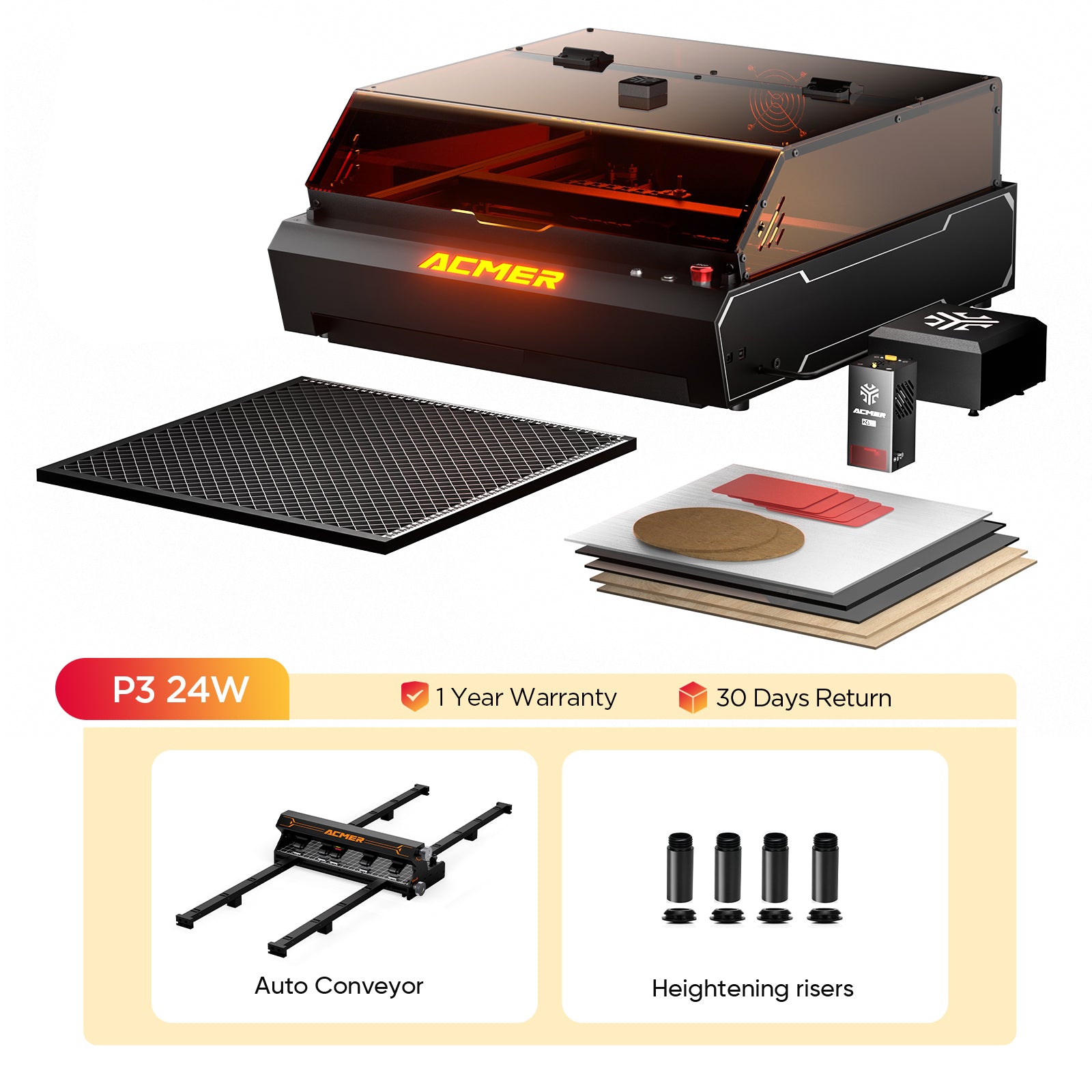 ACMER P3 IR＆Diode Enclosed Dual Laser Engraver-24W+auto conveyor+risers