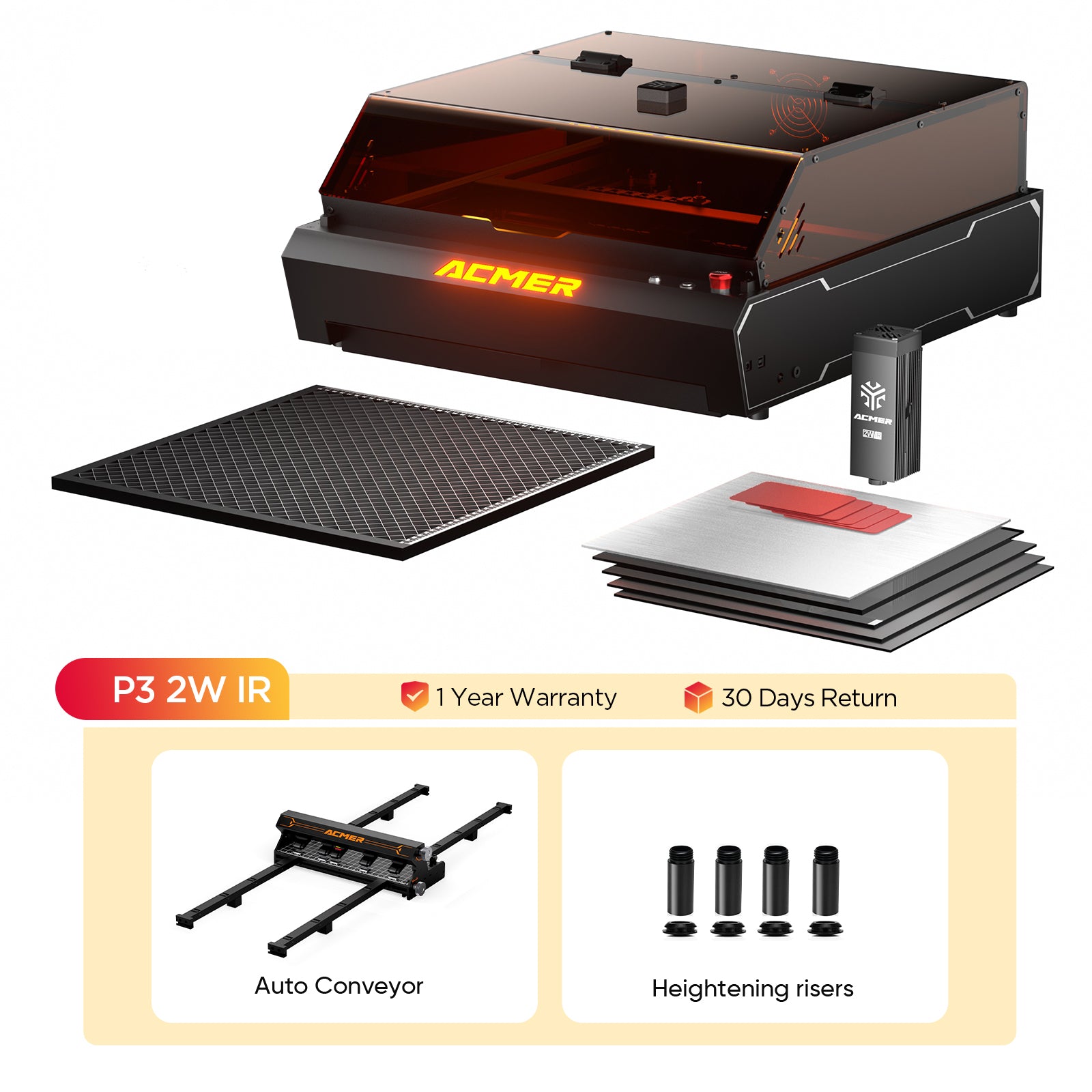 ACMER P3 IR＆Diode Enclosed Dual Laser Engraver-2WIR+auto conveyor+risers